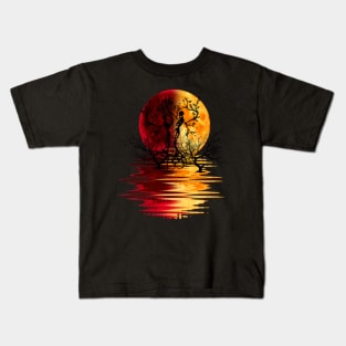 yellow red moon dead trees lovers Kids T-Shirt